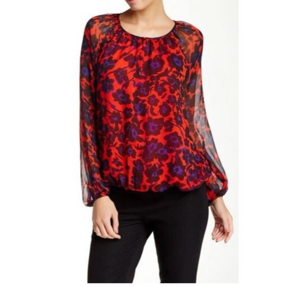 Diane Von Furstenberg Hathaway Silk Blouse XS Red Floral NEW NWT - Picture 1 of 11